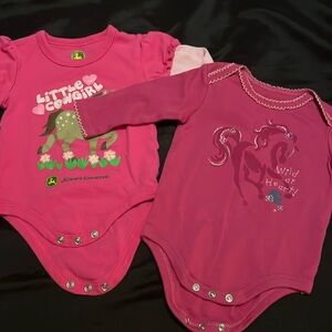 2 —3 month onesies, 3-6 month John Deere and 3 month Carhartt, both fit same